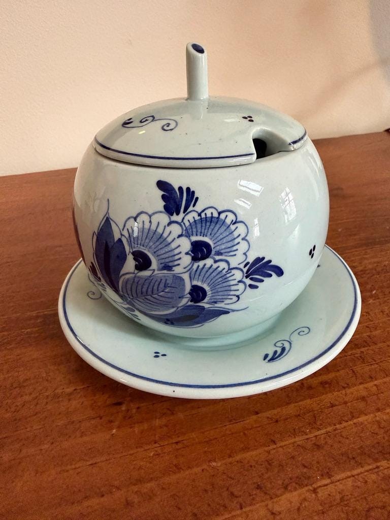 Blue and White Delft Ceramic Sugar Bowl with Saucer