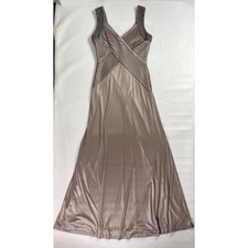 Calvin Klein Womens Taupe Metallic Pleated Beaded Shoulder Evening Gown Dress 4