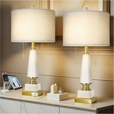 Set of 2 Modern 26" Ceramic Bedside Lamps with USB Ports  Pull Chains
