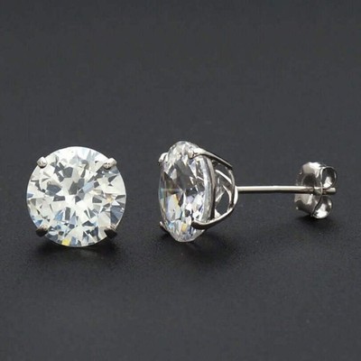 14K White Gold Round Push Back Stud Earrings 8mm with 4CTW Gem Accents