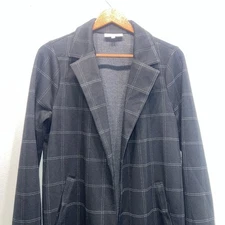 Melloday Womens Blazer Small Black Plaid Grid Open Front Pockets Long Jacket