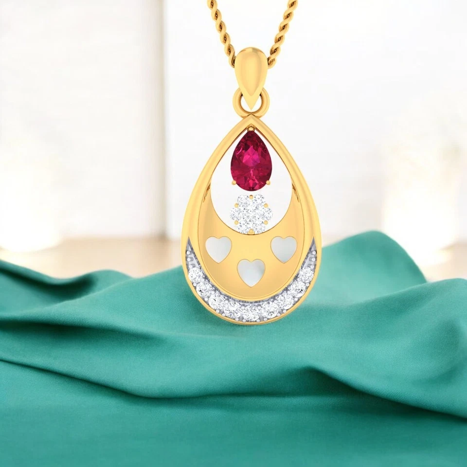 Pave 1.10 Cts F/VS1 Round Brilliant Cut Natural Diamonds Ruby Necklace 14K Gold - Image 3 of 4