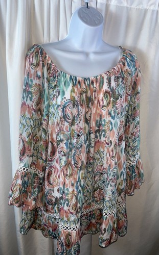 Spense Women’s Plus Multicolor Paisley Floral Chuckled Blouse Size 1X Boho