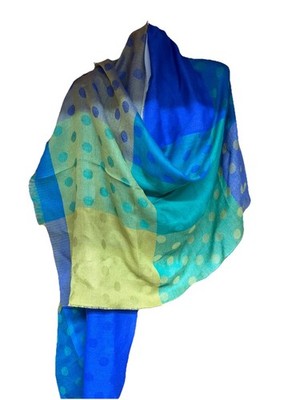 Artesania Peru Baby Alpaca Silk Shawl Wrap Blue Green Polka Dot Fringe Scarf