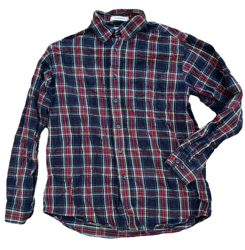 LL Bean M Plaid 100% Cotton Red Green Blue Warm Flannel Button Shirt