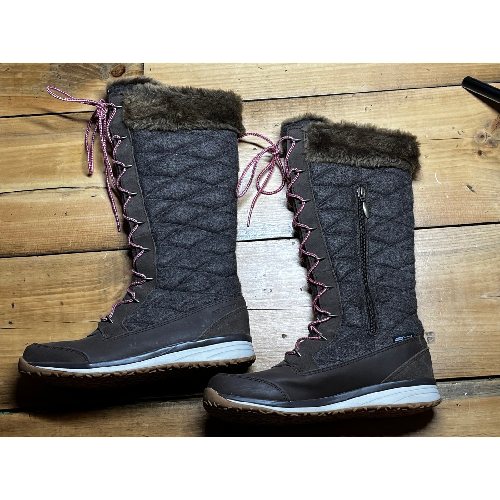 Stivali invernali trapuntati Salomon alti rosa marrone pelliccia sintetica top Climashield donna 8 5