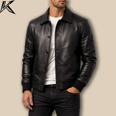 Men s Black Leather Jacket Button Front Drop Collar Ribbed Waist Classic Coat