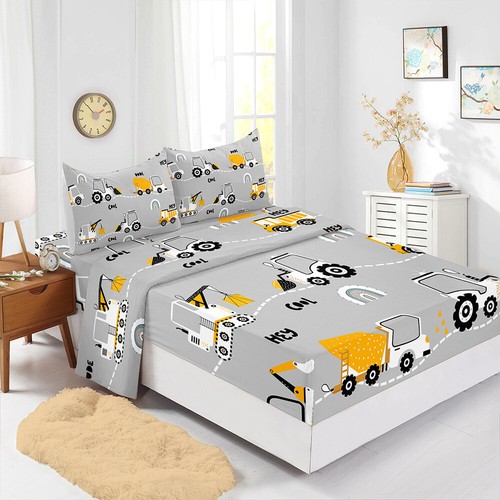 Cartoon Digger Kids Bed Decor Fitted Sheet Set Single/Double/Queen/King Size - Picture 1 of 18