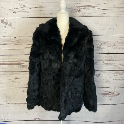 Curly Top Rabbit Fur Coat Womens Medium Black Pockets Lined