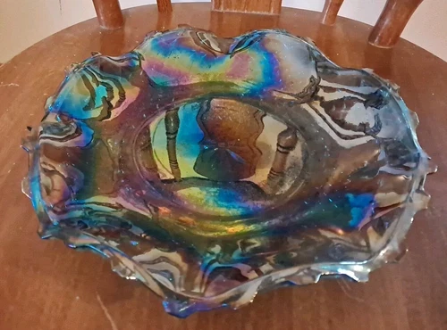 Vintage Carnival Glass Plate-bowl Blue Indiana Glass With Ruffled Edge