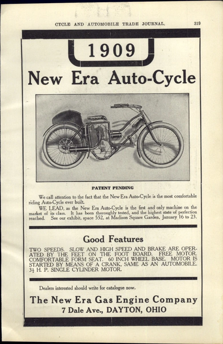 1909 PAPER AD Car Auto New Era Cycle Dayton OH M M Motorcycle