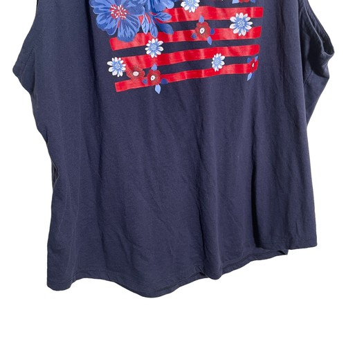 Coral Bay Tank Top Women's 1X Navy Blue Floral USA Flag Sleeveless Basic Tee - Picture 4 of 8