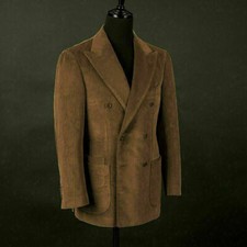 Brown Men Corduroy Suit Double Breasted Blazer Luxury Prom Party Groom Tuxedo