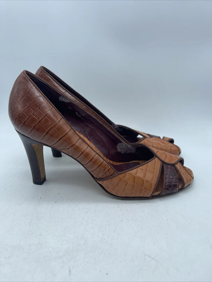 Zapatos vintage para mujer ANTONIO MELANI marrón tacón cuero cocodrilo punta abierta talla 7,5 M Foto 2 de 4