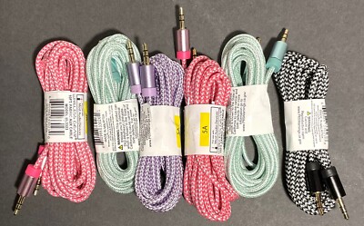 Wireless Gear 10ft Fabric Aux Audio Cable - Lot of 6 - Assort Colors - Brand NEW