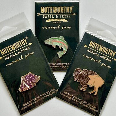 NEW! Noteworthy Press SET OF 3 GORGEOUS ENAMEL PINS   Tent, Trout, & Buffalo