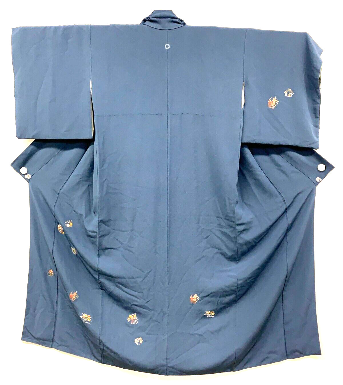 Navy Blue Kimono with Family Crest, Traditional Embroidery, Silk, Japanese cloth