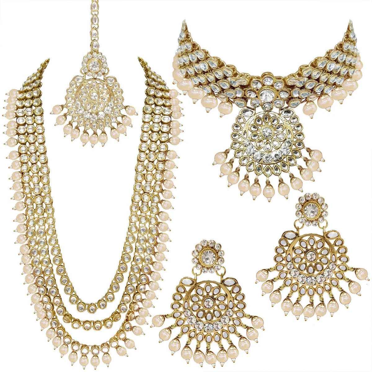 Gold Plated Kundan Faux Bead Bridal Jewellery Set Color White For