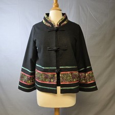 Elegant Black Coat With Floral Accents W Med Silk Trim Traditional Knot Buttons