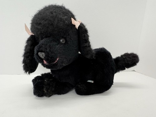 Vintage 1978 Dakin grau Spielzeug Pudel Hund schwarz Plüschtier Stofftier mit rosa Band