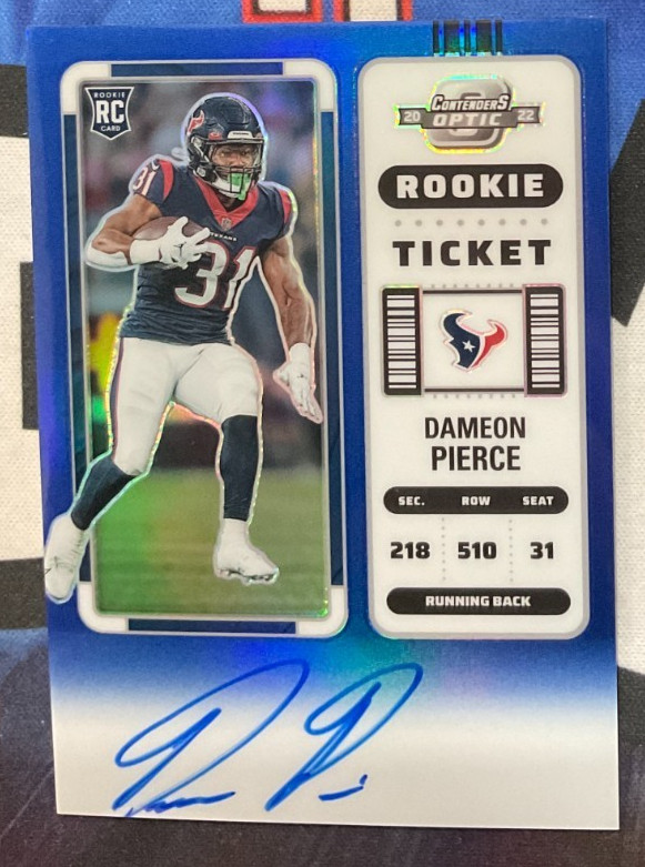 2022 Panini Contenders Optic #111 Dameon Pierce Auto Blue Prizm 13/75 Rookie RC