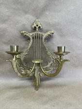 Vintage Brass Harp Music Hymnal Double Arm Wall Sconce Two Candle Holder 12”