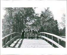 1957 Dow Chemical Plant Workers Bridge Wooden Trees Historic Vintage Photo 8x10