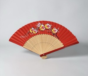 Vintage 1960s RED Asian Hand Painted Fan Floral Art Paper Bamboo Wooden Geisha
