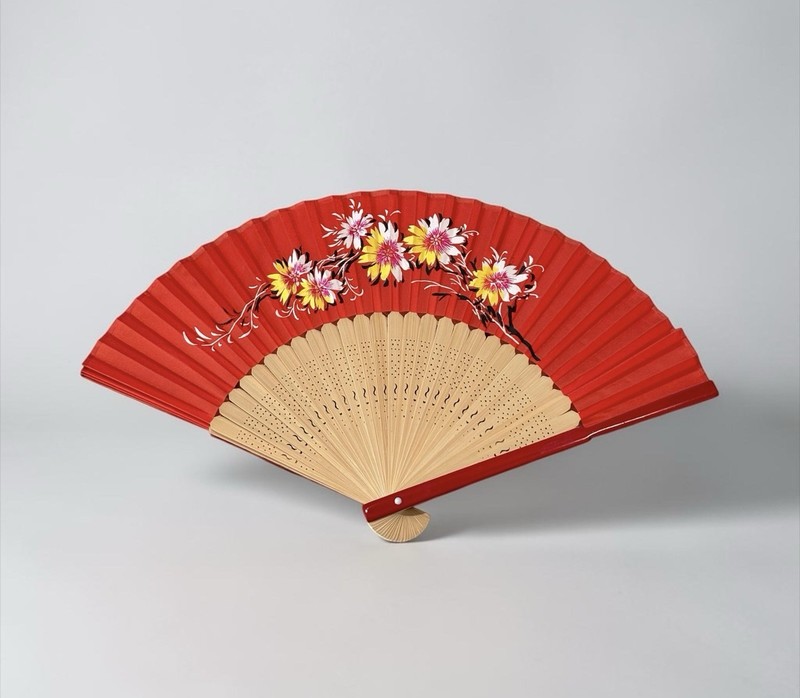 Vintage 1960s RED Asian Hand Painted Fan Floral Art Paper Bamboo Wooden Geisha