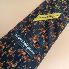Salvatore Ferragamo Vintage Silk Tie Black Equestrian Horse Print Made in Italy