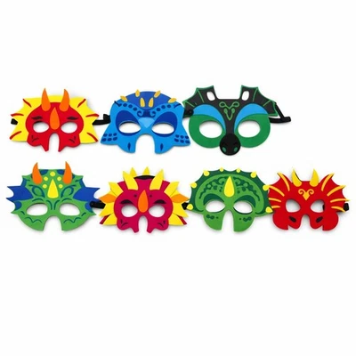 7x Drachen Dino Masken Set Kindergeburtstag Karneval Fasching Moosgummi Paket - Bild 1 von 4