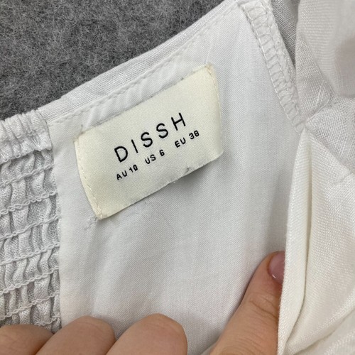 Vestido de lino Dissh para mujer 10 blanco hombro descubierto midi media manga cremallera costera 4631 - Imagen 4 de 10