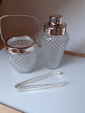 1a Cocktailshaker u. Eiseimer mit Zange - geschliffenes Kristallglas 60er Jahre