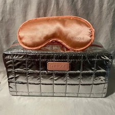 Clinique Makeup Skincare Train Case Bag Silver + Free Eye Sleep Mask Pink NEW