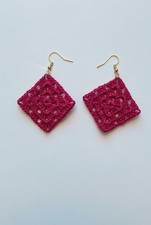 Crochet Earrings, Granny Square, Handmade USA, Brand New, Boho Chic Red Sparkle