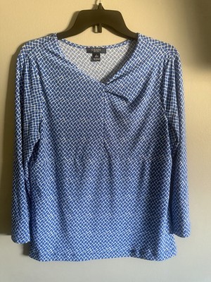 Chaps Women's Long Sleeve Geometric Blue Blouse Twist Neckline Size Large