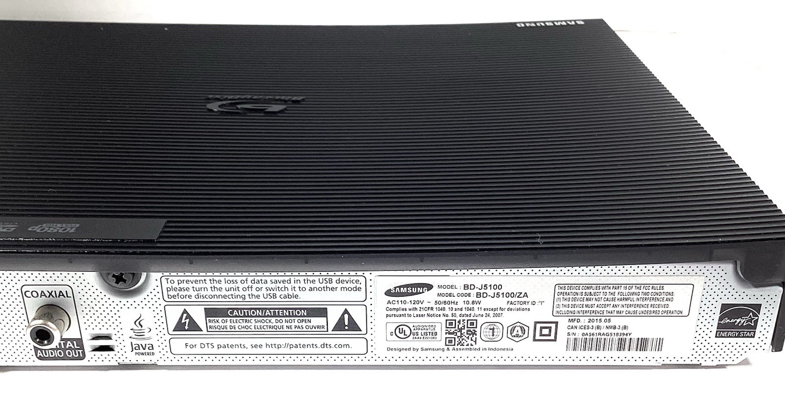 Samsung BD-J5100 Blu-Ray DVD Wi-Fi Streaming Player NO Remote