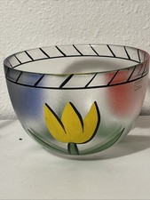 Kosta Boda Ulrica Hydman-Vallien Hand-Painted Tulip Glass Bowl 8"x5" Signed UHV/