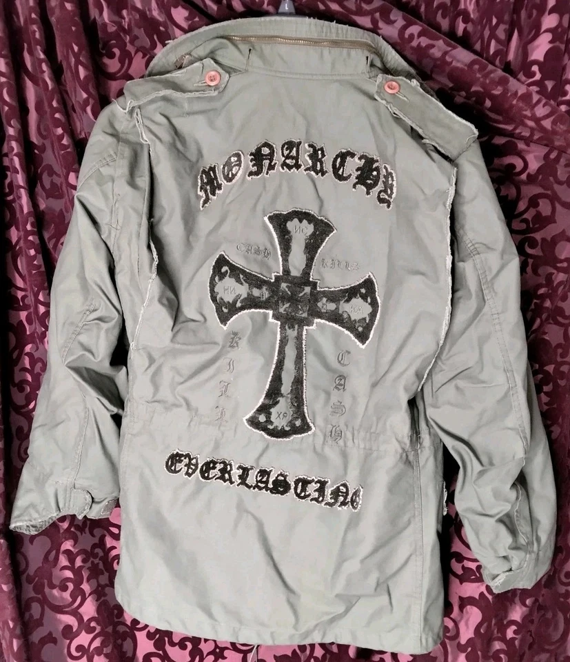 RARE Y2K Monarchy Reversible Jacket Distressed Zip Up Patches Y2K Military Style - Image 2 of 4