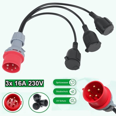 CEE Adapter Stecker Kupplung Verlängerungskabel 16A auf 3x Schuko Kupplung 230V