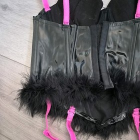 Vintage Ann Summers Black PVC & Feather Corset Top Size 8-10 