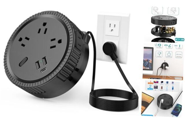Auto Retractable Cord Power Strip， 6 Outlets with 3 USB Ports (1 USB C), Auto