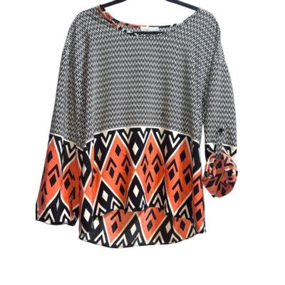 Retro Moa Moa USA Geometric Print Oversized Roll Cuff Buttons Blouse Top (M)