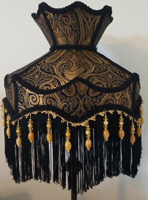 ATEMBERAUBENDER MASSGESCHNEIDERTER 14'' STEHLAMPENSCHIRM IN SCHWARZ & GOLD STOFF KOSTETE £295,00