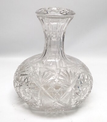 Vtg American Brilliant Crystal Decanter W/ Flat Top Stopper Pinwheel Fan Cut
