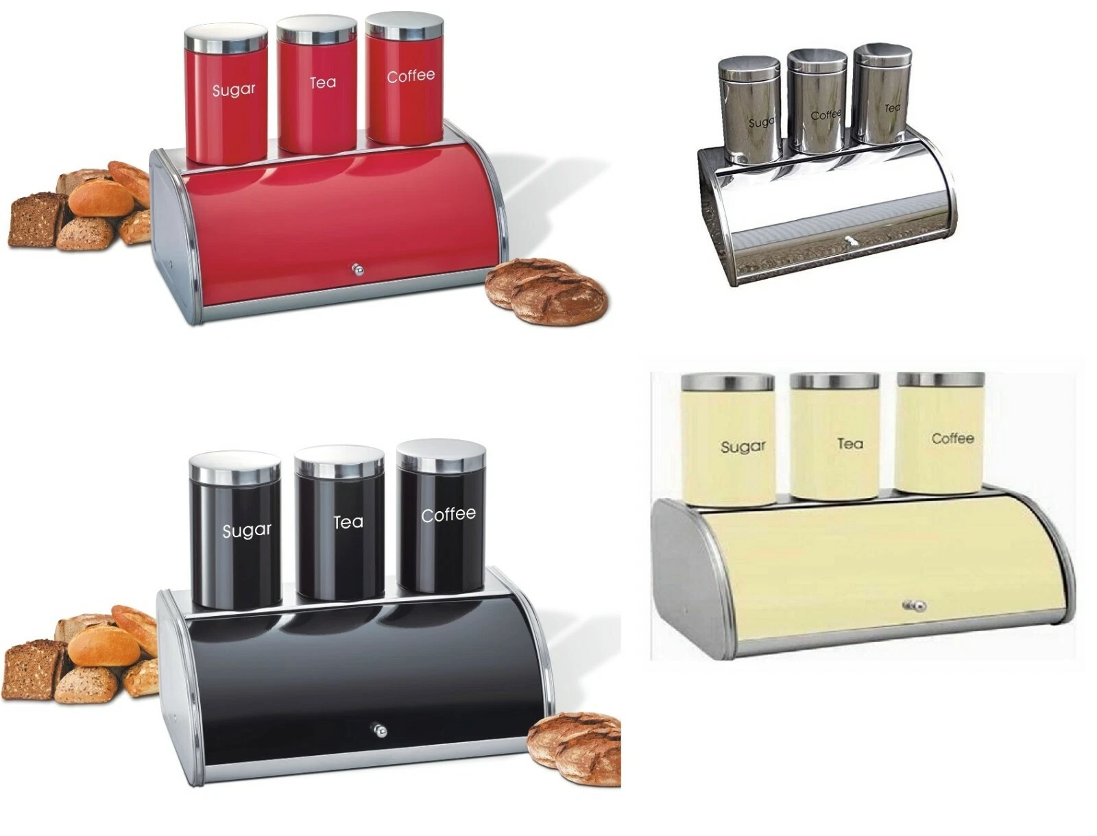 4Pc Storage Set Bread Bin Tea Coffee Sugar Stainless Steel Jar Canisters Kitchen