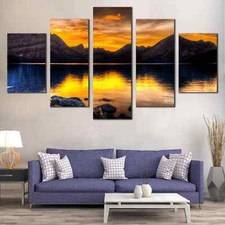 Golden Sunset Over Mountain Lake Landscape 5 Piece Panel Canvas Wall Art