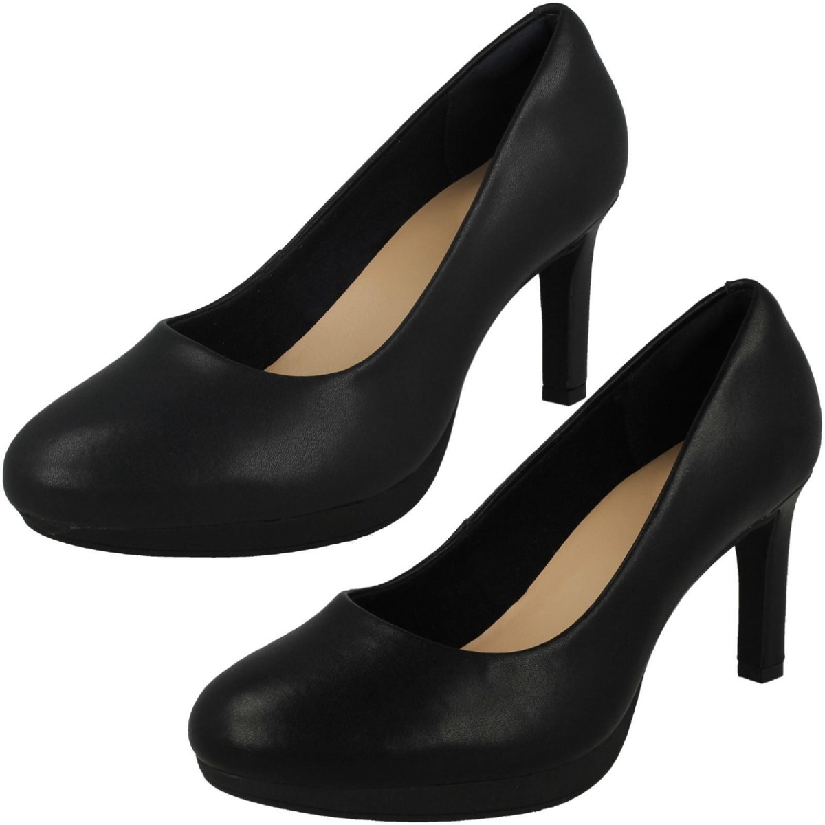 Ladies Clarks Leather Slip On Platform Stiletto Heeled Wide Fit Court Shoes