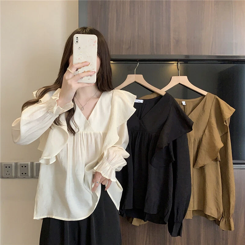 v neck puff long sleeve loose blouse
