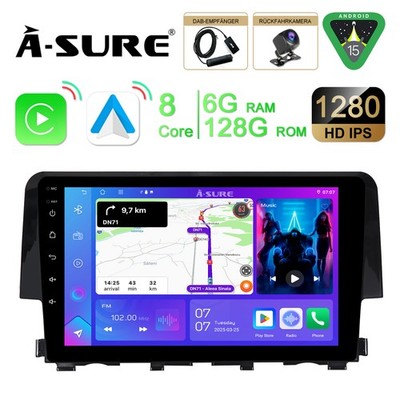 DAB+8-Core 6+128GB Autoradio Android 15 NAVI Kamera Für Honda Civic X 2016-2020